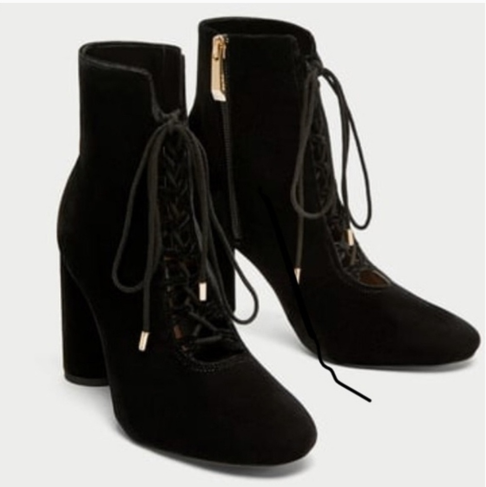Zara Black Velvet Lace Up Booties
